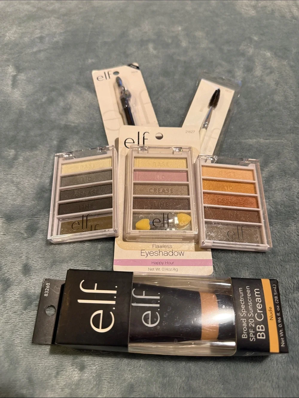 ELF Makeup Lot Eyeshadows, BB Cream (Nude), Shimmer BLK Eyeliner, LashBrow Brush